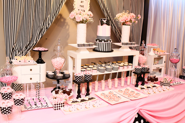 pink black and white dessert station